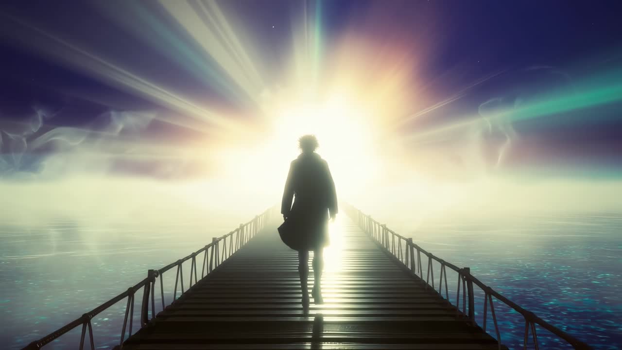 Silhouette on a bridge, backlit by a radiant light, in a cinematic video-style wide angle