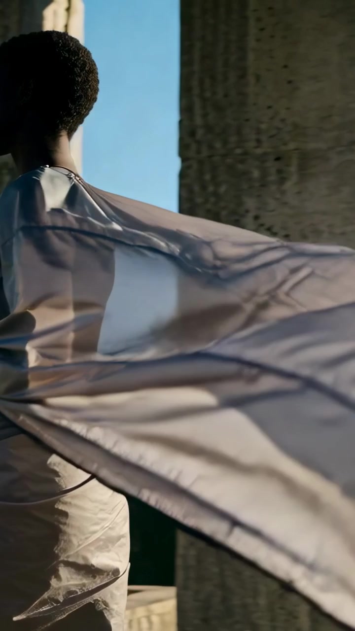 Vertikales Video: Model geht an Betonöffnung vorbei, Wind bewegt animierte Umhangformen für Mode