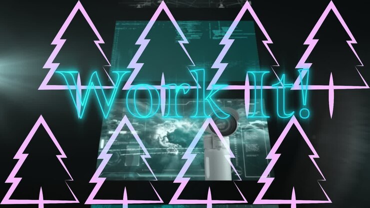 Animation of work it text in blue neon and pink christmas trees over processing data on screens