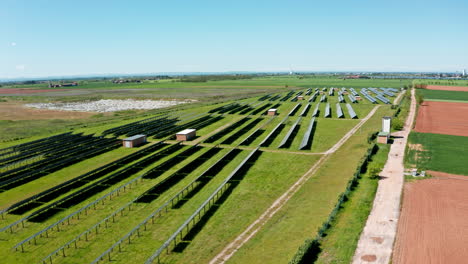 Solar-panels-in-a-green-field-on-a-sunny-day-with-a-clear-blue-sky,-aerial-view