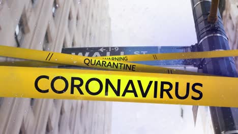 words quarantine, warning and coronavirus written on yellow tape over a wall street street sign in t