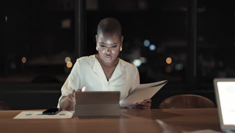 Black-woman,-tablet-and-night-in-office