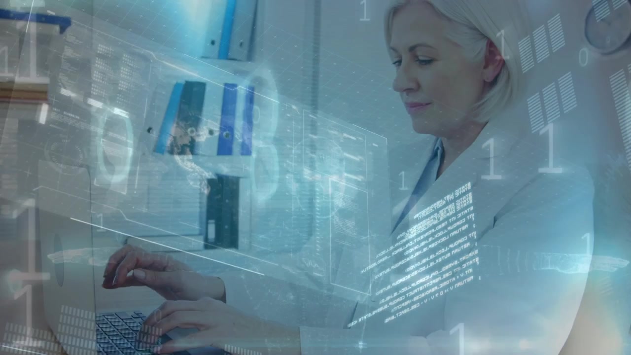 Female Scientist Working on Laptop with Digital Data Overlay