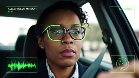 woman driving with advanced car technology