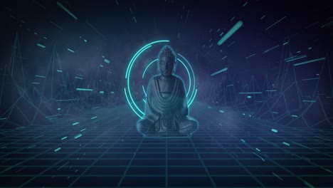 Animation-of-buddha-with-scope-scanning-and-shapes-on-black-background