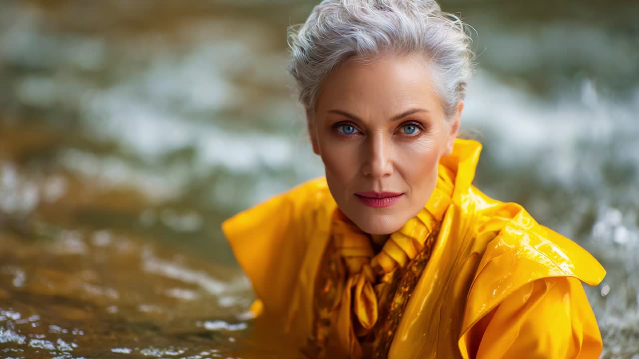 Ritratto accattivante di una donna sicura di sé con un vivace abito giallo, circondata da acqua riflettente, che evoca emozioni di forza e serenità