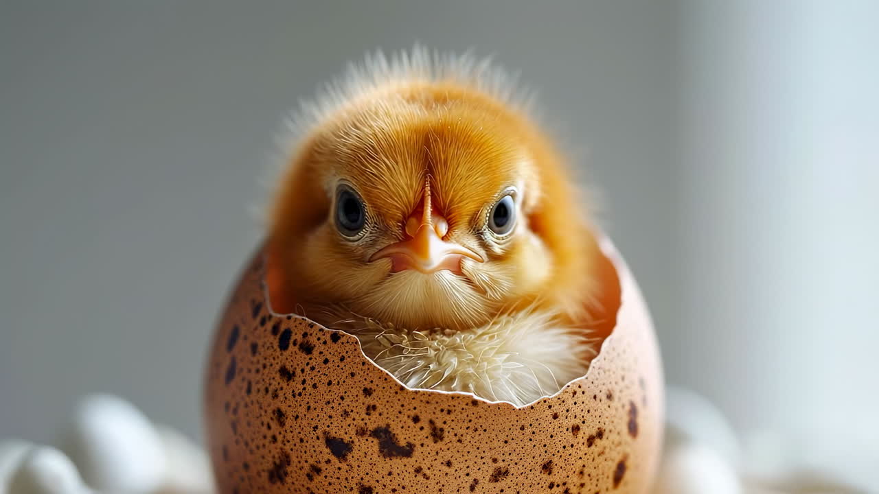 New chick hatching from a speckled egg. A fuzzy chick breaks out of its speckled egg, marking the start of its life on a sunny day in a cozy setting