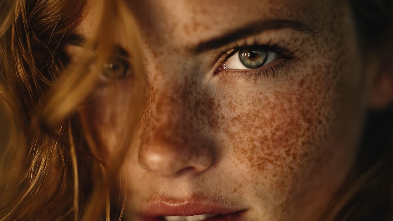 Captivating Close-Up Portrait of a Young Woman with Striking Freckles and Mesmerizing Eyes, Radiating Natural Beauty and Charm in a Soft Light Setting