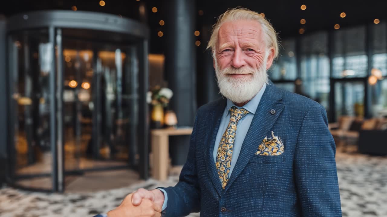 Un gesto di benvenuto: un anziano signore in un ambiente di business moderno porge la mano per una stretta di mano, simboleggiando cordialità e professionalità