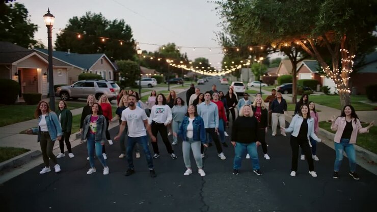 Gruppo che balla in sincrono su una strada periferica sotto luci a festone, con musica che inizia per la festa.