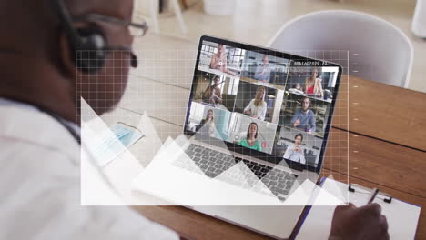 animation of statistics data processing over diverse business people on laptop video call
