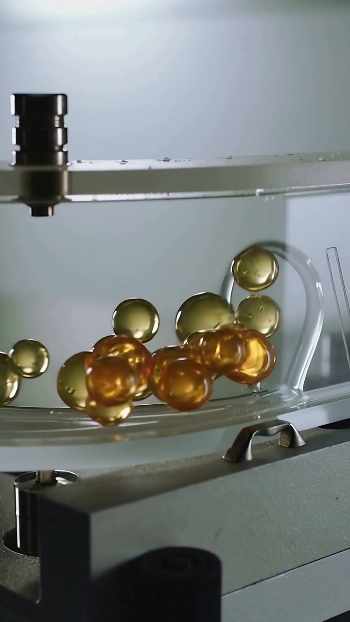 Video verticale: Gruppo di perline di gel dorate che rotolano lungo una pista trasparente su un banco di metallo dopo il primo turno