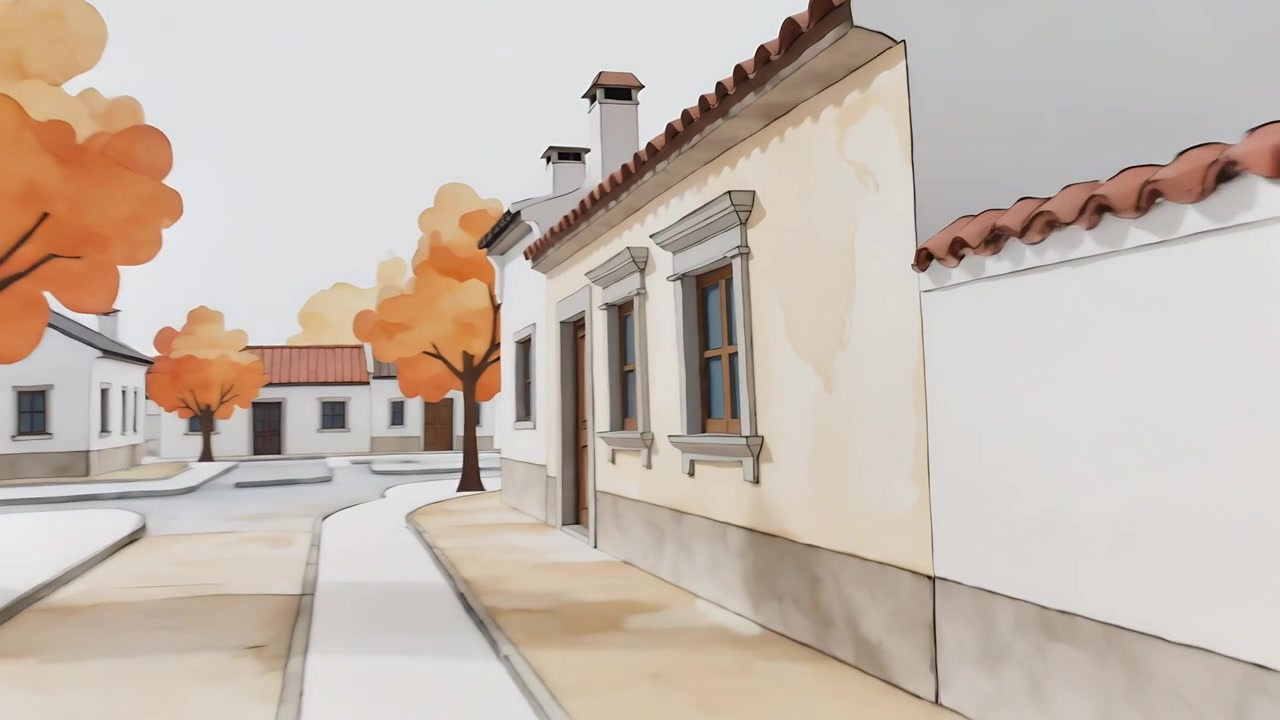Câmera em movimento avançando por arbustos ao longo de viela de aldeia, revelando caminho e casas brancas.