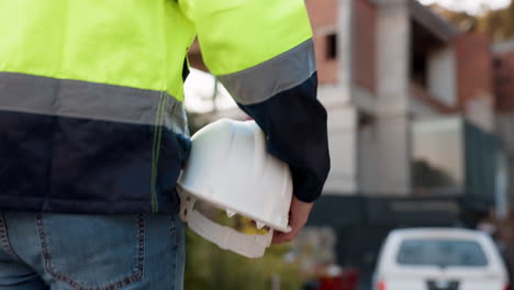 man, construction worker and helmet in hand