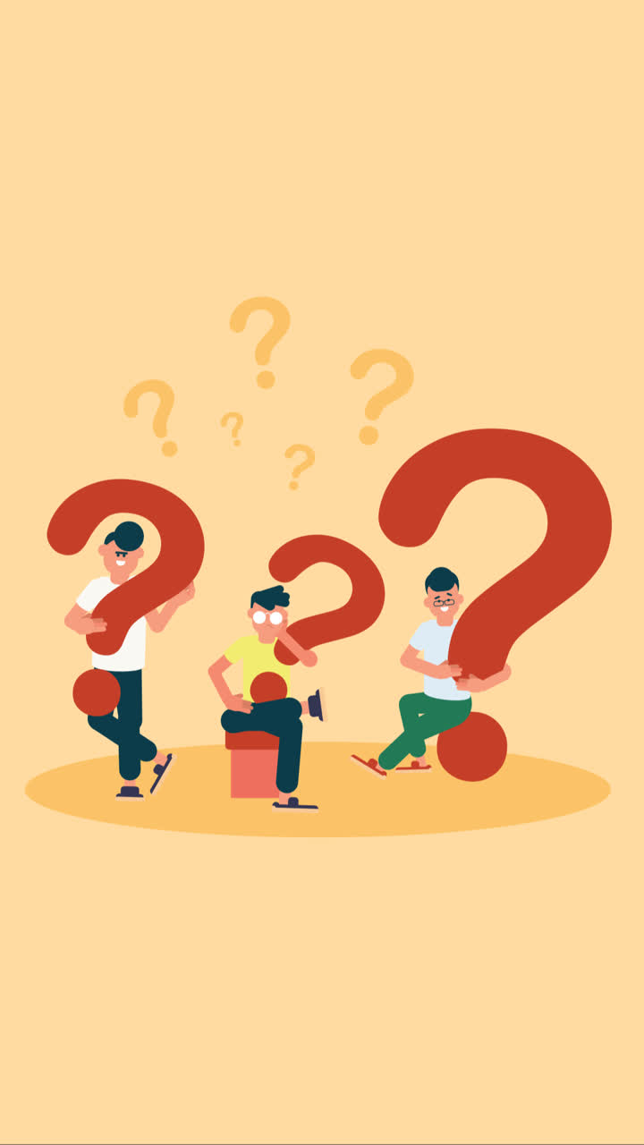 una animación de una gente plana sosteniendo signos de interrogación