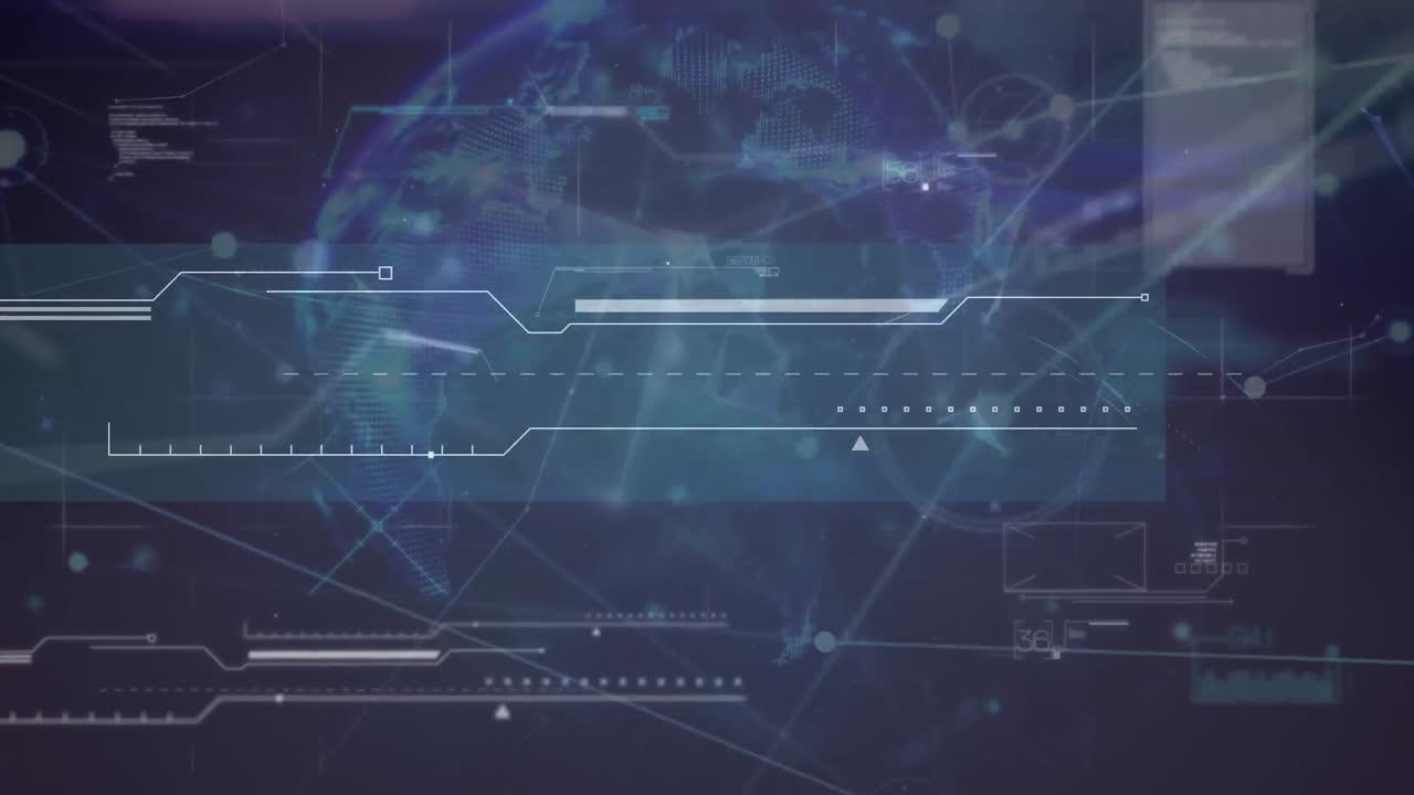 animación de la red de conexiones, globo y procesamiento de datos sobre un fondo azul oscuro