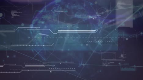 Animation of network of connections, globe and data processing on dark blue background