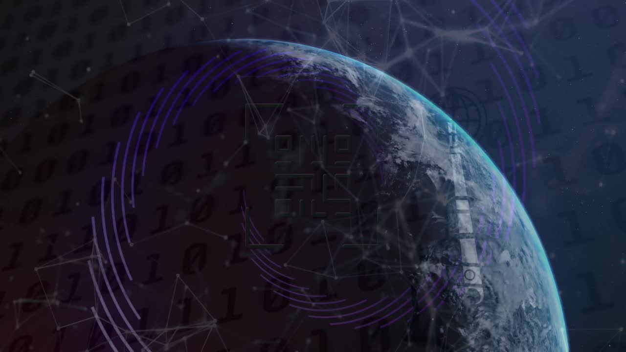 Animation of qr code and shapes over globe