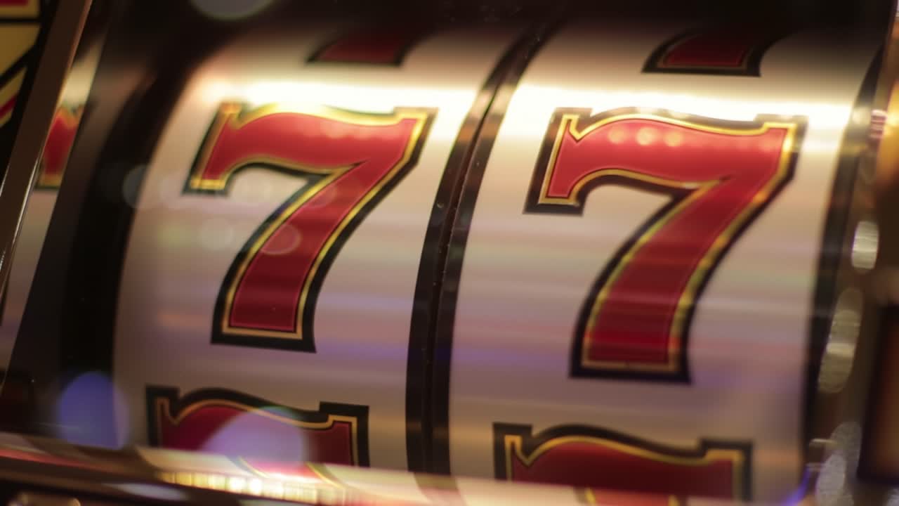Exciting Closer Look at Iconic Slot Machine Reels Featuring the Lucky Seven Symbols, Capturing the Thrill of Chance and Anticipation in Casino Gaming Experience