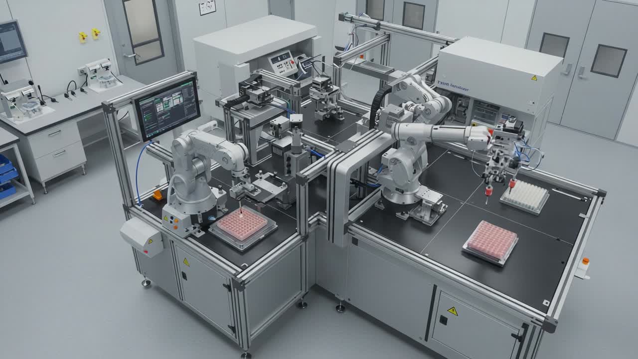 Advanced Robotic Automation System in a Lab Setting: Precision Engineering and Technology Enhancing Production Efficiency with Robotic Arms and Workstations