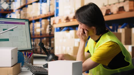 vertical video male worker in hi vis vest falling asleep scanning shipping labels