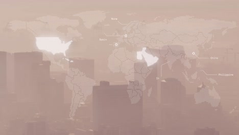 animation of illuminated map with multiple countries name over fog covered modern city