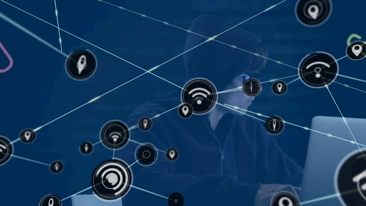 red de iconos digitales y cambiando alfabetos y números contra un hacker masculino usando una computadora portátil