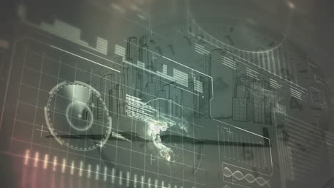 animación de diagramas y procesamiento de datos sobre movimiento de reloj y paisaje urbano