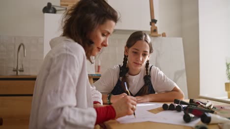 madre e hija dibujando juntos en casa