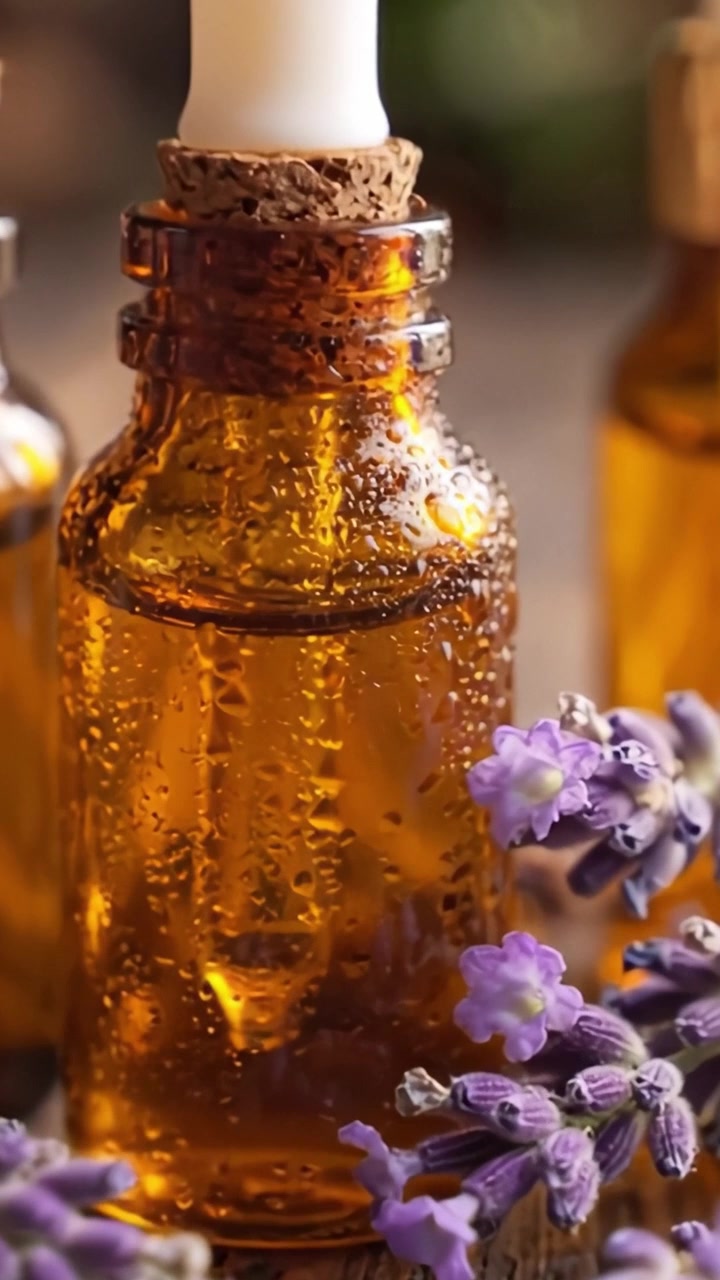 Primo piano estetico di oli essenziali terapeutici in bottiglie d'ambra, circondati da fiori freschi di lavanda, che cattura l'essenza e la bellezza della natura