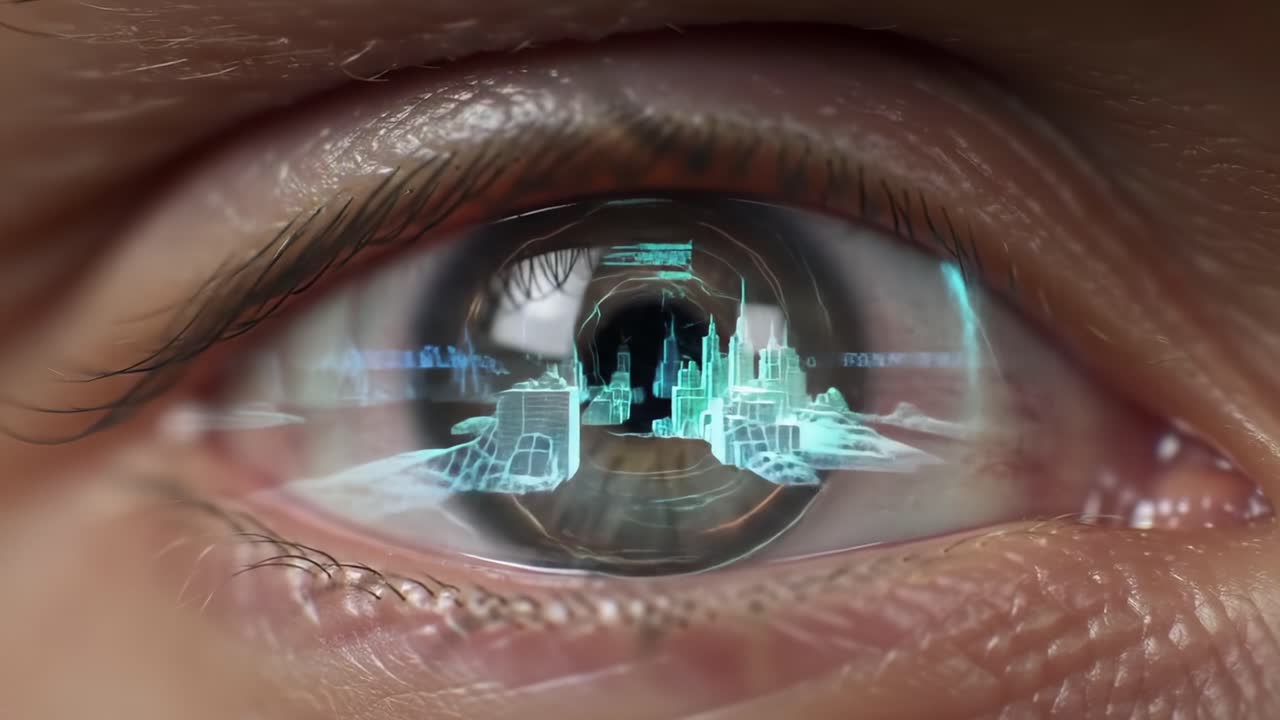 Exploring the Future of Vision: A Close-Up Perspective on Advanced Optical Technology and Digital Data Visualizations Reflected in an Eye