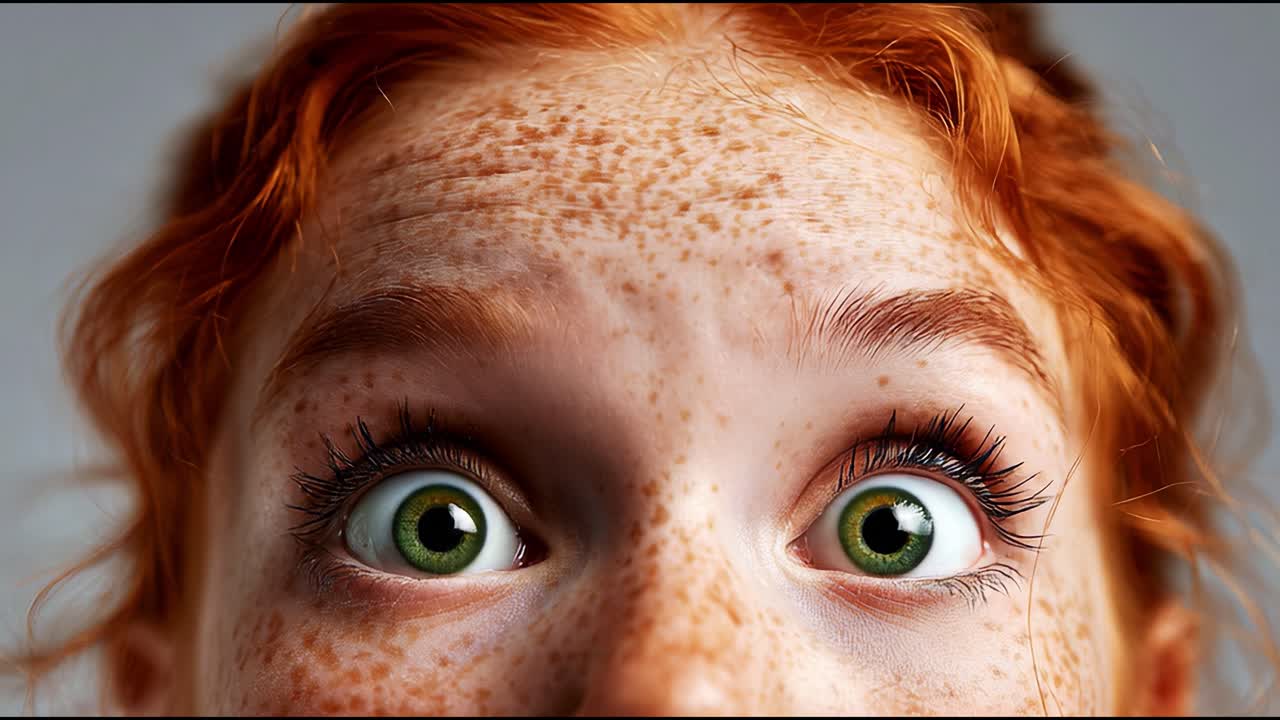 Astonished Gaze: Capturing the Intense Emotions of a Young Girl with Freckles and Distinct Green Eyes, Reflecting Surprise and Curiosity in a Close-Up Perspective