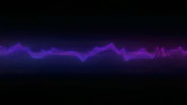 Emerging from flat neon waveform pulsing peaking in digital space with horizontal noise scan lines