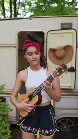 young woman playing ukulele by a campervan