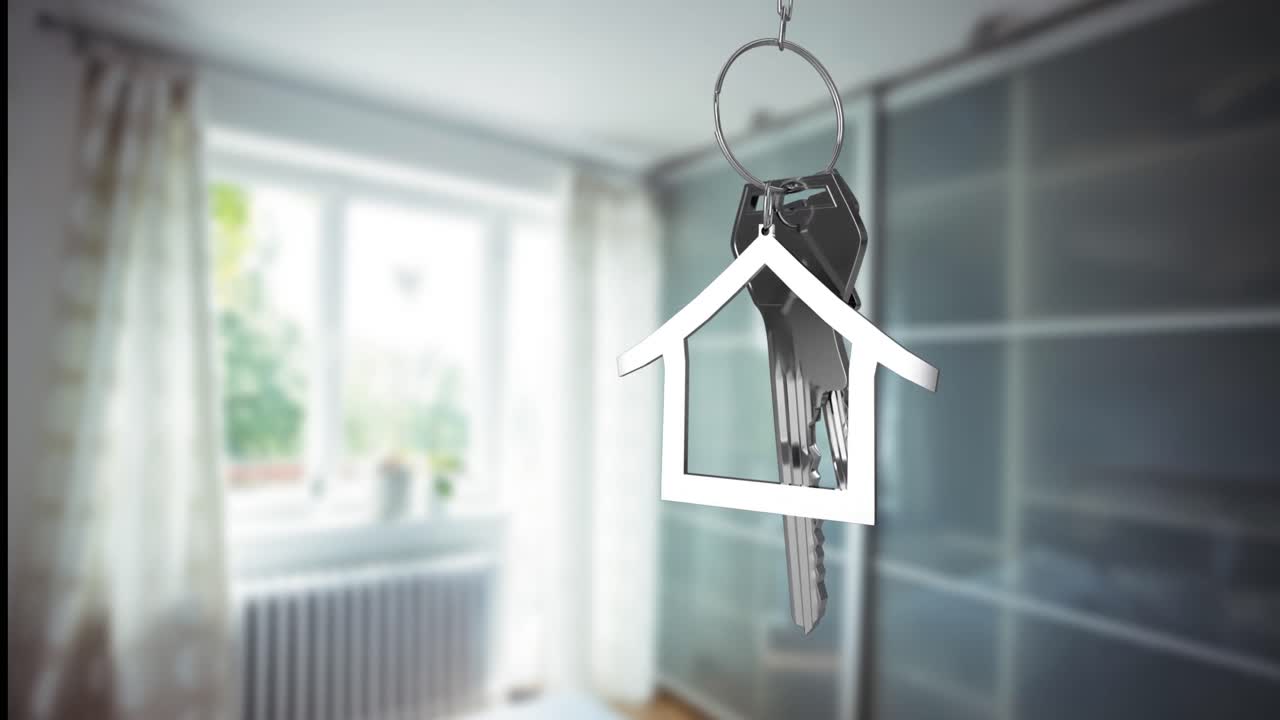 animación de llave de casa colgante y llave de llave sobre fondo de madera