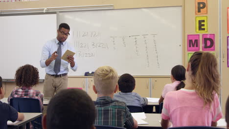 tilt shot of teacher using tablet in math class, shot on r3d