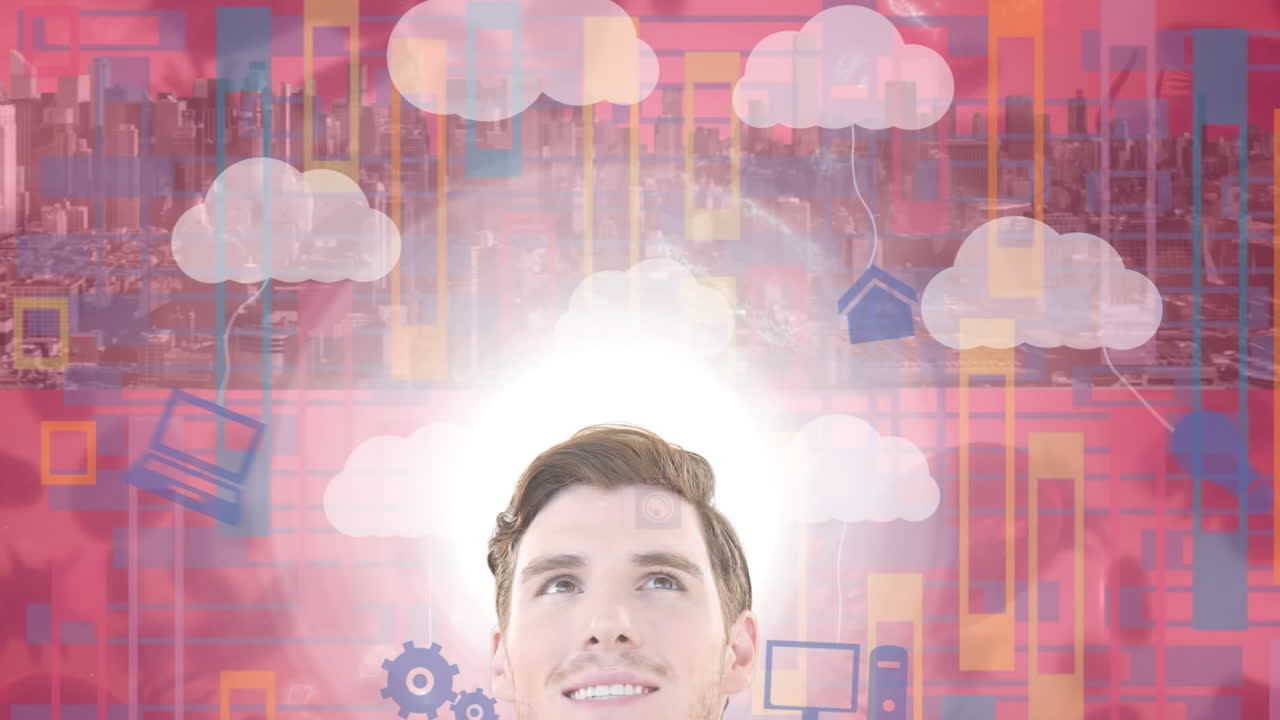 클라우드와 디지털 아이콘 위의 사업가의 애니메이션