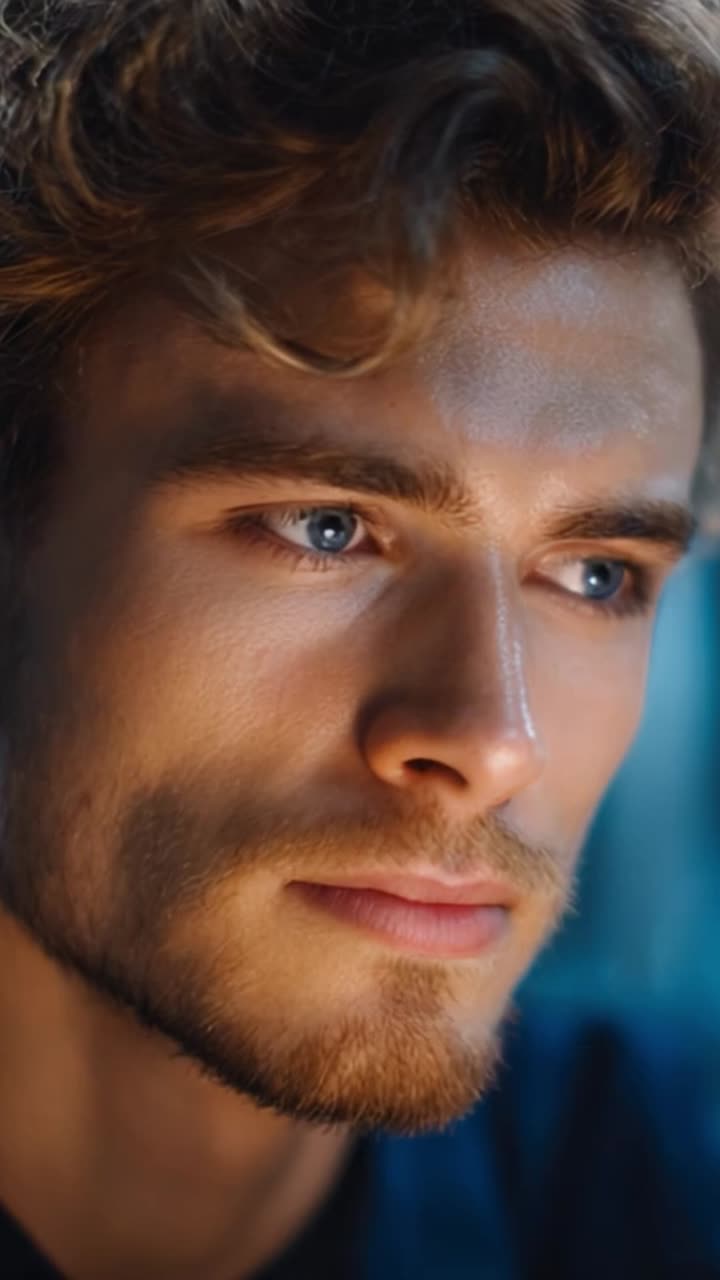 Close-up Portrait Sequence of a Young Man with Curly Hair and Striking Blue Eyes, Highlighting Facial Expressions and Emotional Changes in Soft Lighting