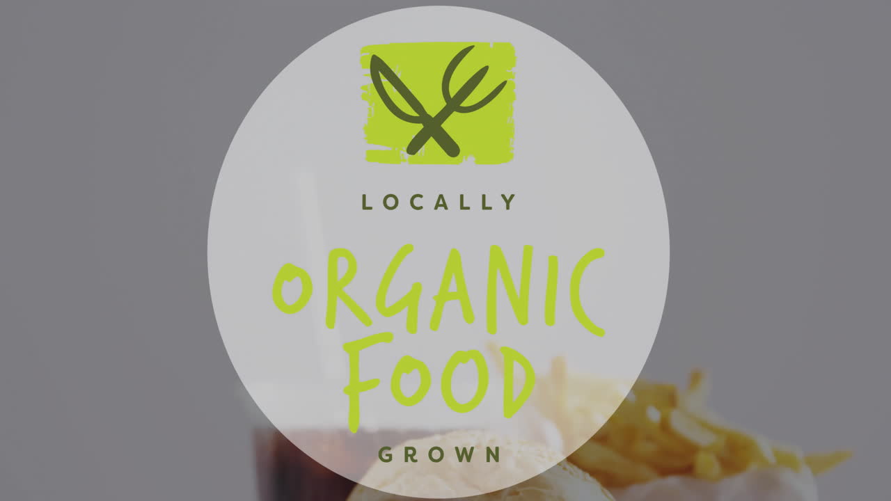 지역적으로 재배 된 유기농 식품 텍스트 애니메이션과 함께 김과 음료