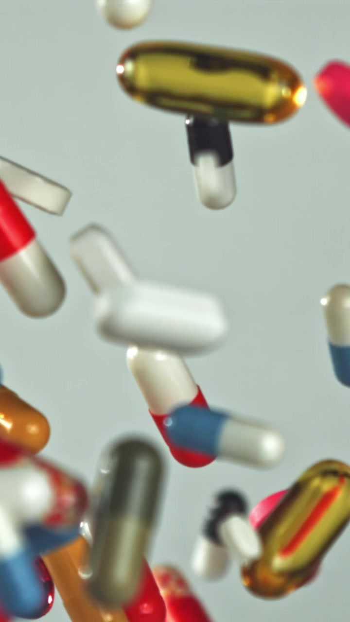 Colorful Pills and Capsules Falling in Slow Motion