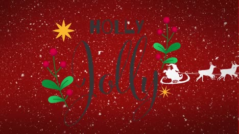 Animation-of-snow-falling-over-holly-jolly-text-banner-against-red-background