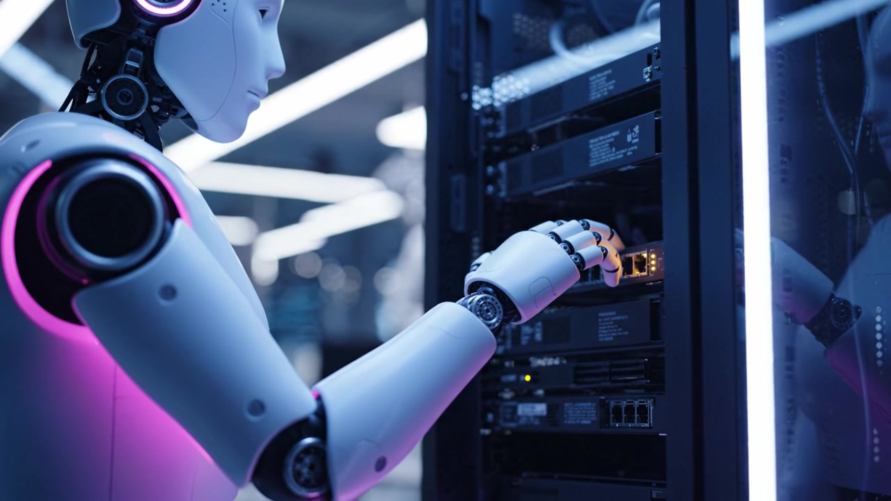 A Futuristic Robot Configuring Server Rack Connections in a High-Tech Environment with Bright LED Lighting