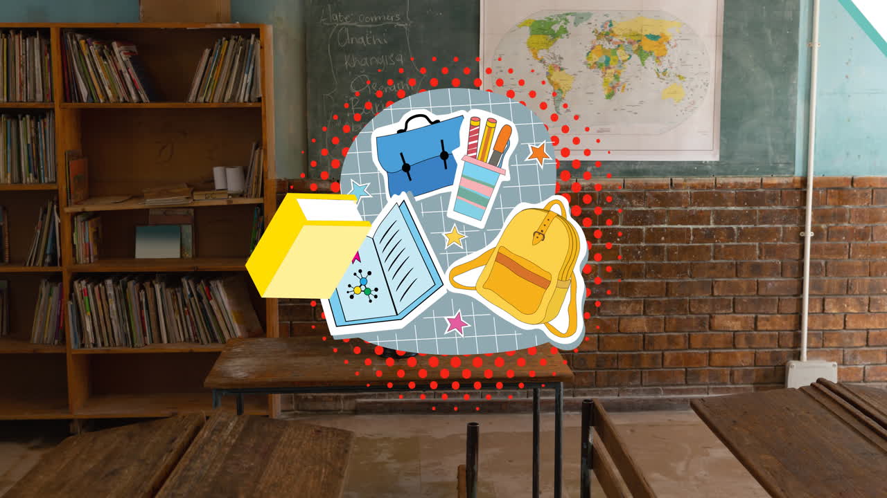 animación de libros rebotando contra bolsos escolares, libros de texto y bolígrafos, sobre el aula