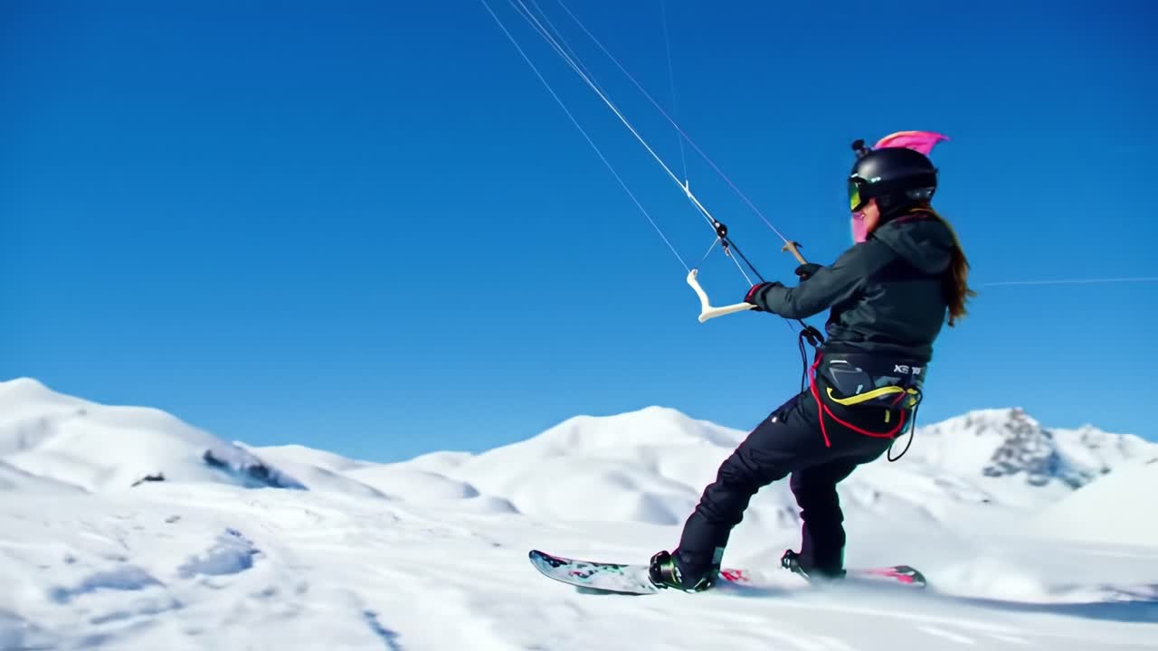 Woman Snowkiting in Snowy Mountains
