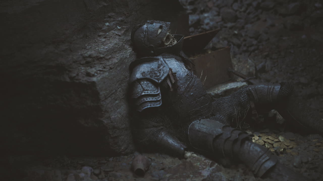 Knight fell in battle rests in cave with treasures surrounding