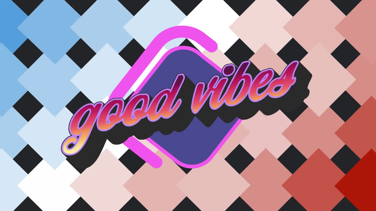 animación de texto de buenas vibraciones sobre cuadrados coloridos sobre fondo negro