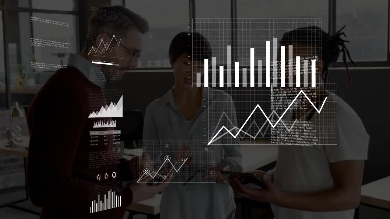 On tapping tablets, team of three comparing data, animated charts expanding for analytics review