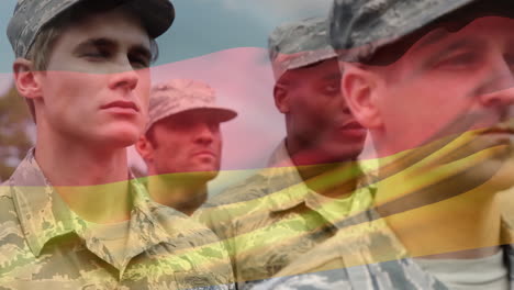 animation of flag of ecuador over diverse male soldiers in uniform