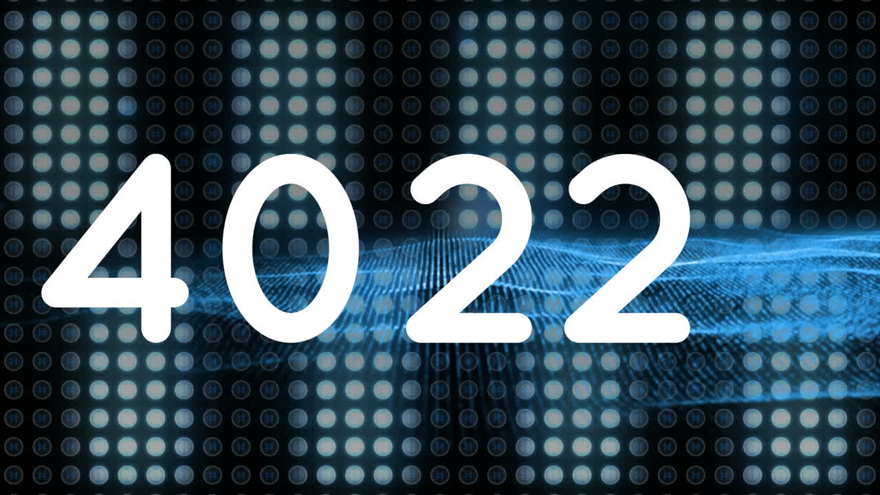 animación de número creciente, sobre red ondulante y luces móviles de procesamiento de datos