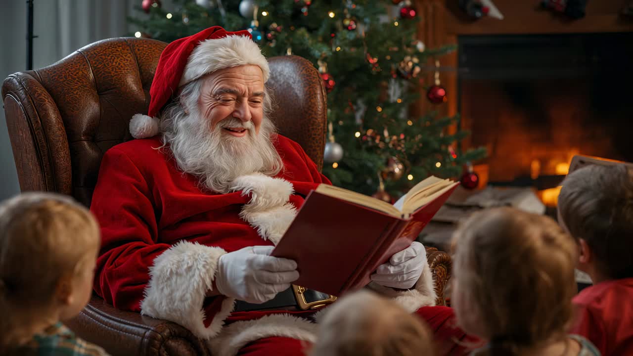 Opening hardback book, Santa Claus in red suit narrating to entertain children in cozy living room